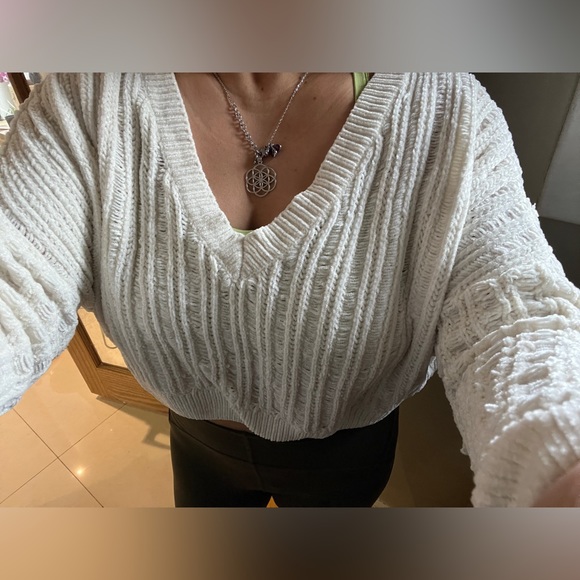 Oversized Cropped Ivory Crochet Knit Sweater Plush Top Off Shoulder Kawaii Comfy - Picture 6 of 9